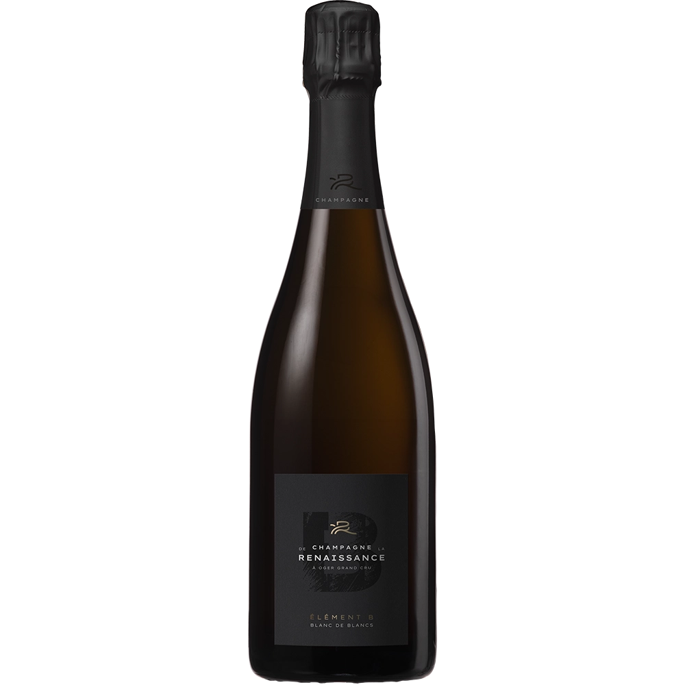 La bouteille noircie d’Élément B de Champagne de la Renaissance affiche son étiquette sobre, avec la mention Blanc de Blancs et Oger Grand Cru.