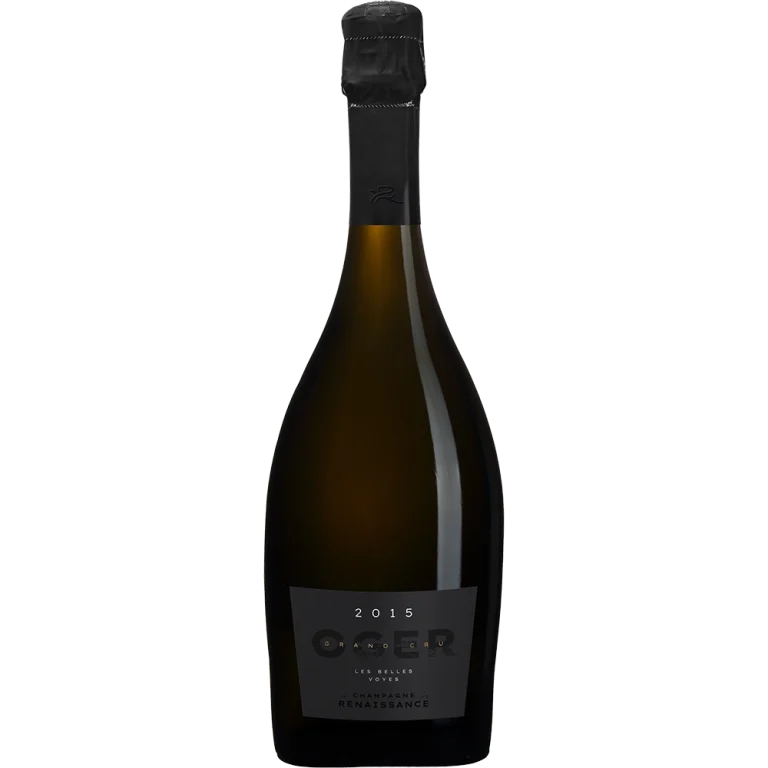 Une bouteille de Millésimes 2015 Les Belles Voyes de Champagne de la Renaissance, Grand Cru, avec bouchon noir et étiquette sombre.
