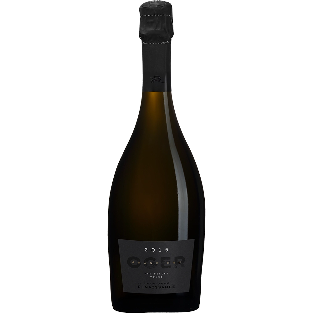 Une bouteille de Millésimes 2015 Les Belles Voyes de Champagne de la Renaissance, Grand Cru, avec bouchon noir et étiquette sombre.
