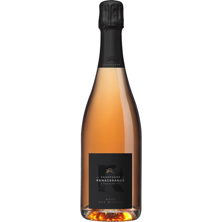 Dans cette bouteille de Champagne de la Renaissance, le Rosé des Blancs mêle Chardonnay et Pinot Noir dans une robe rose dorée.