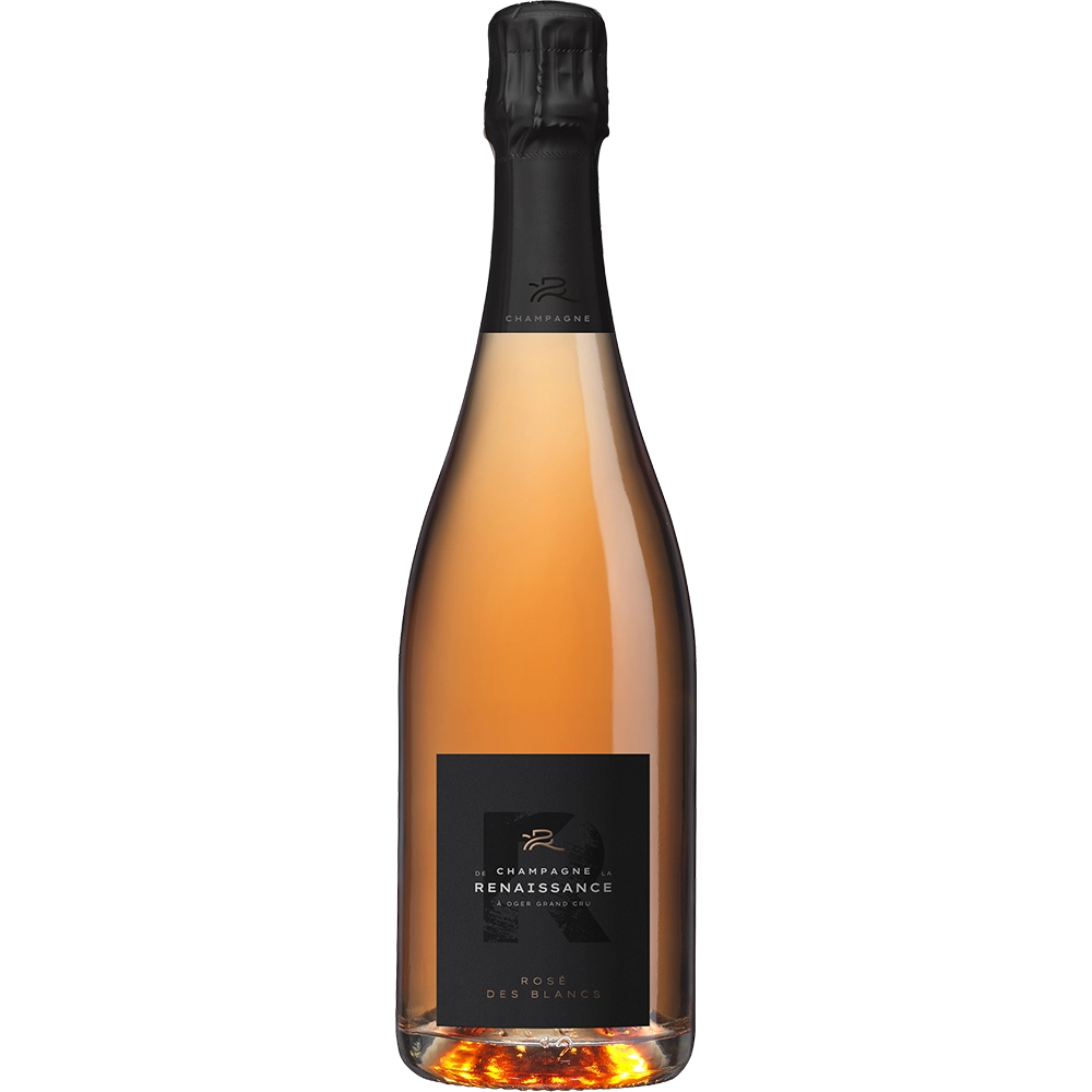 Dans cette bouteille de Champagne de la Renaissance, le Rosé des Blancs mêle Chardonnay et Pinot Noir dans une robe rose dorée.