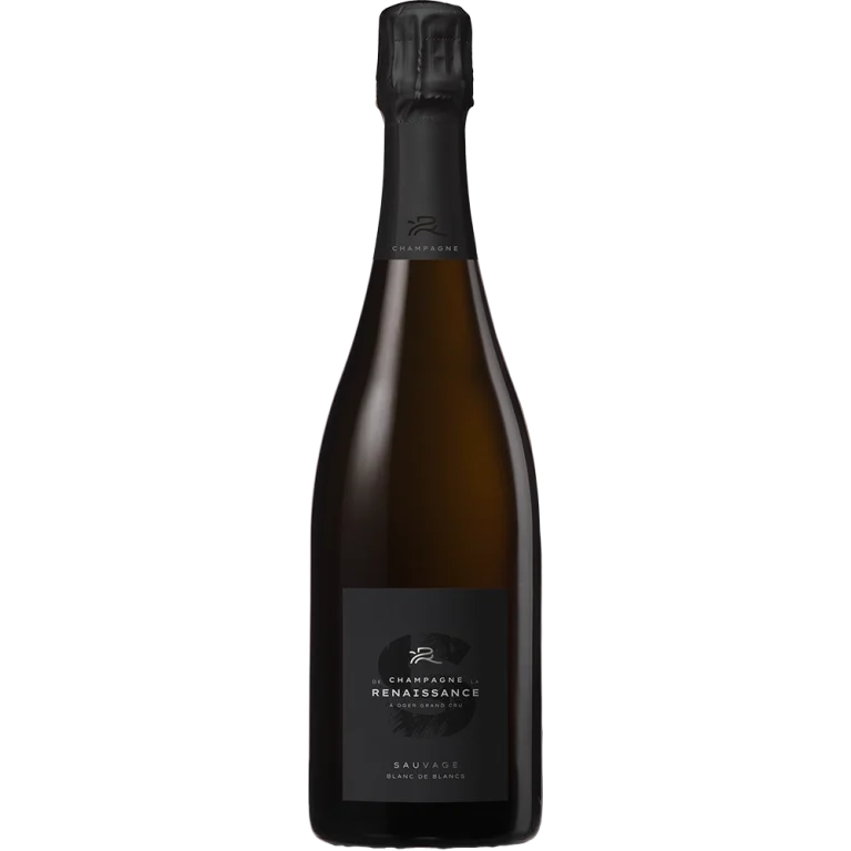La cuvée Sauvage de Champagne de la Renaissance se présente dans une bouteille noire élégante, avec mention Blanc de Blancs, Grand Cru et Avize.