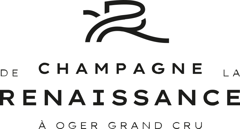 Le logo noir de Champagne de la Renaissance apparaît sur fond blanc avec la mention Oger Grand Cru et la maison familiale de la Côte des Blancs.