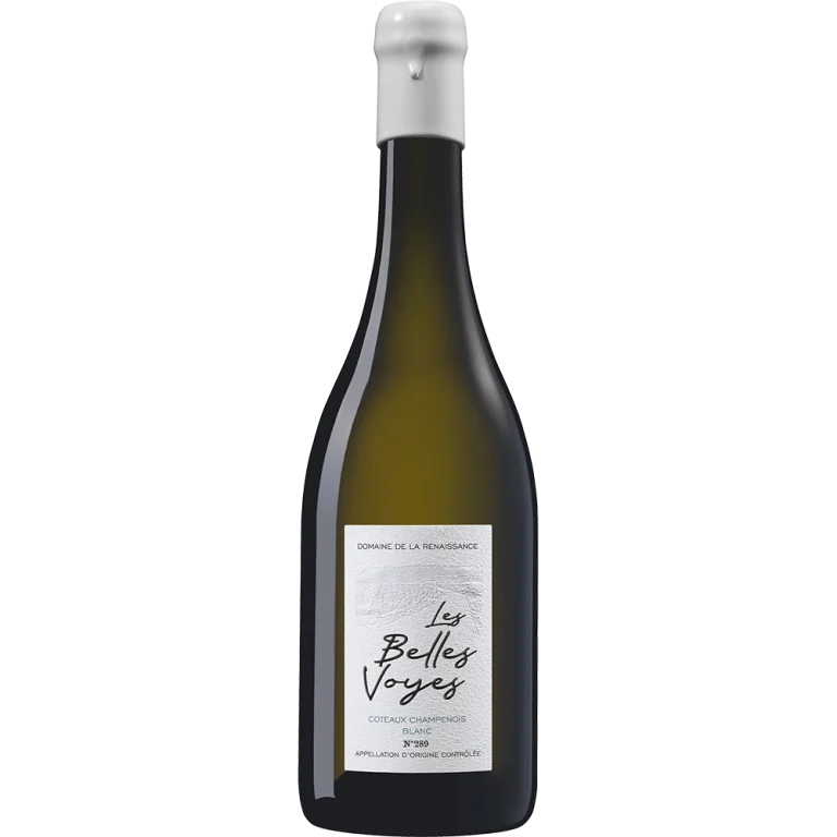 Bouteille de Les Belles Voyes de Domaine de la Renaissance, un Coteaux Champenois Blanc en robe claire, présentée avec une étiquette sobre et élégante.