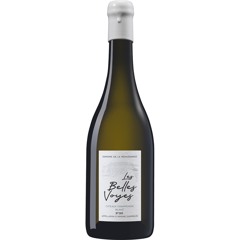 Bouteille de Les Belles Voyes de Domaine de la Renaissance, un Coteaux Champenois Blanc en robe claire, présentée avec une étiquette sobre et élégante.