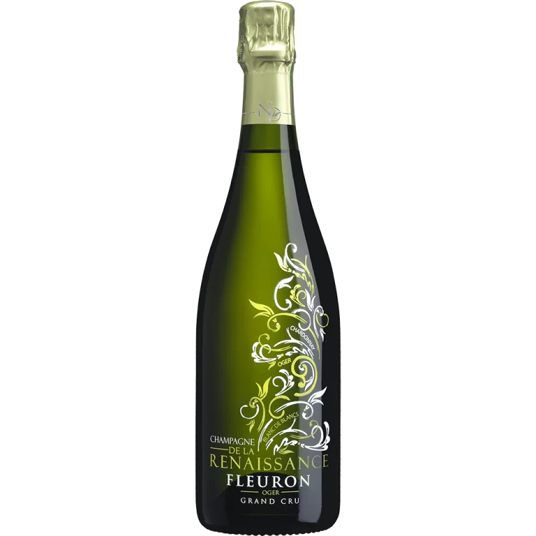 Une bouteille de Fleuron, champagne de la Renaissance blanc de blancs Grand Cru d'Oger, présente un habillage noir et vert doré aux arabesques élégantes.