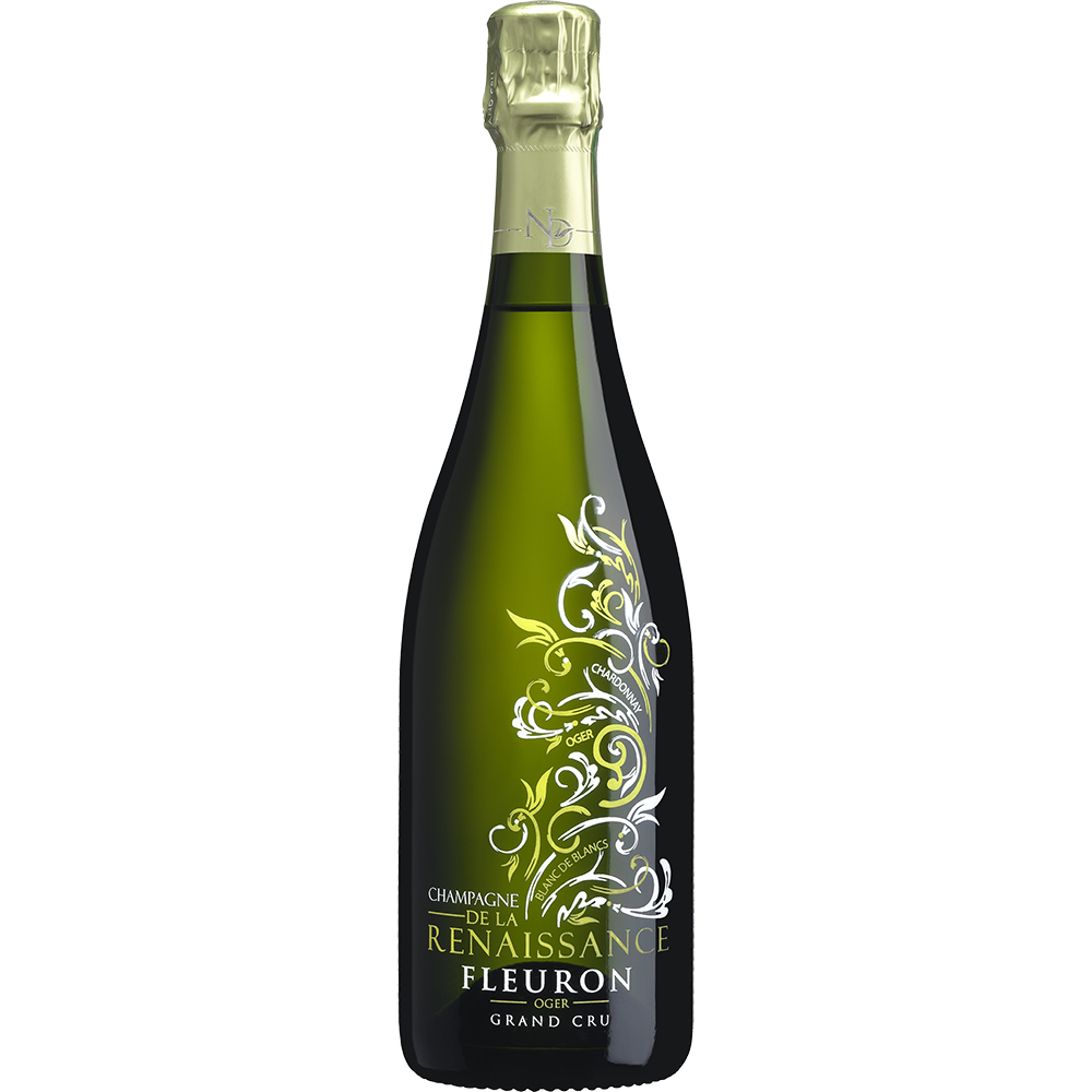 Une bouteille de Fleuron, champagne de la Renaissance blanc de blancs Grand Cru d'Oger, présente un habillage noir et vert doré aux arabesques élégantes.