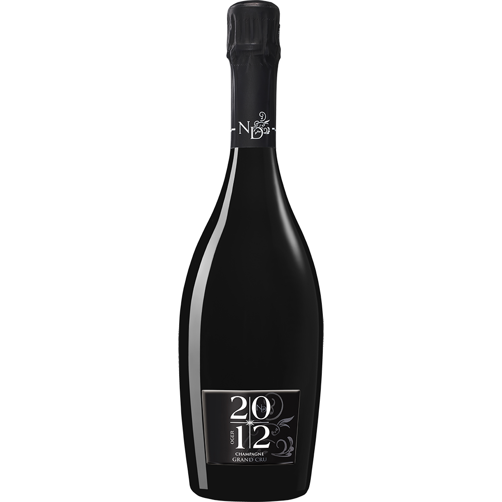 Une bouteille noire de Champagne de la Renaissance Millésime 2012, marquée Oger Grand Cru, se dresse avec un habillage sobre et élégant.
